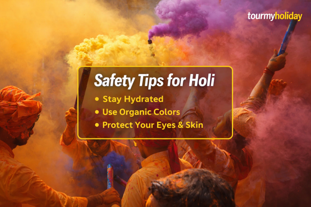 Men enjoying Holi festival with colorful smoke flares in yellow and purple