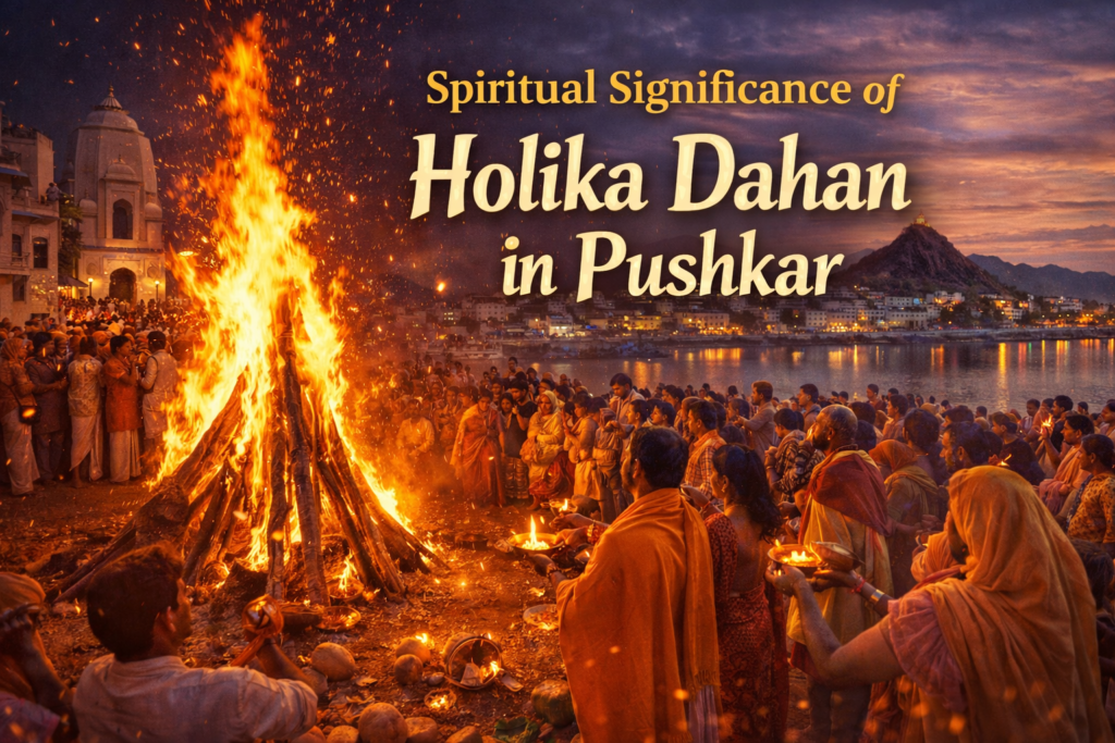 Devotees gathered around a sacred Holika Dahan bonfire in Pushkar