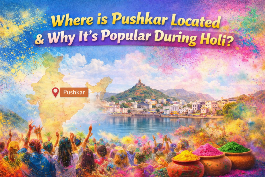 Colorful Holi celebration in Pushkar with temple domes and Pushkar Lake in the background, showing festive atmosphere and Rajasthan location.