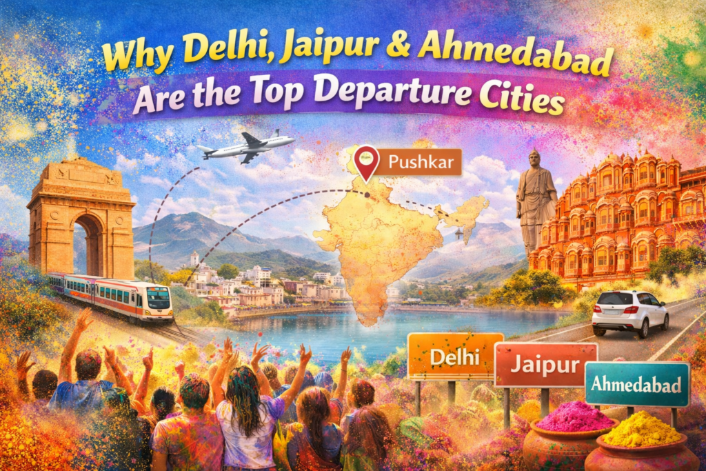 Travel-themed graphic showing Delhi, Jaipur, and Ahmedabad landmarks connected toward Pushkar with Holi colors in the sky.