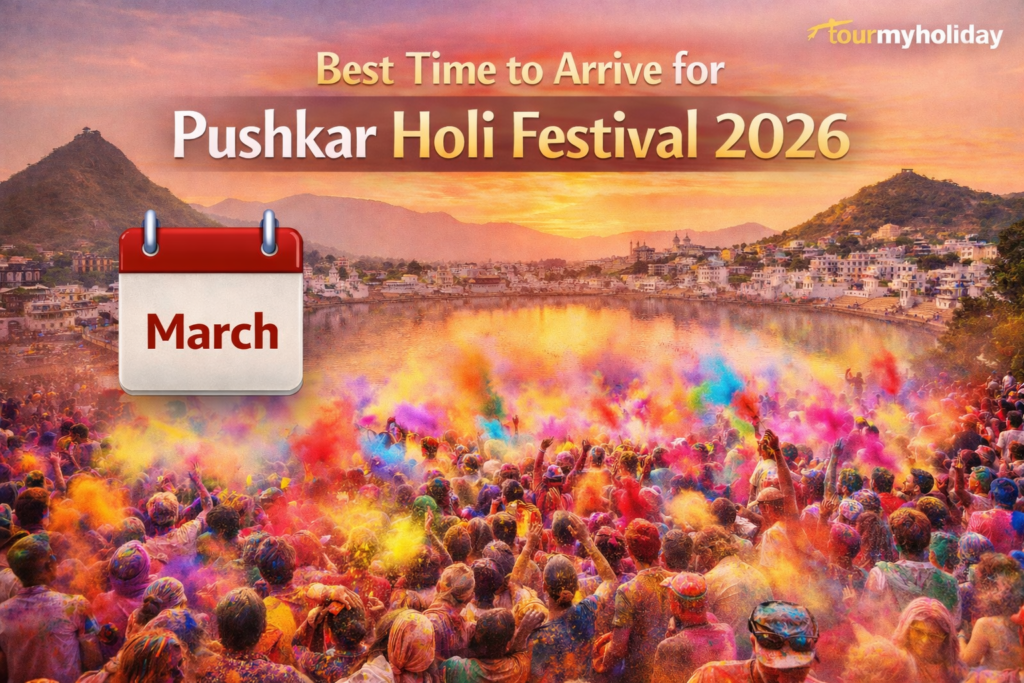 Festive crowd gathering near Pushkar Lake during Holi with colorful powder in the air and vibrant street celebration scene.