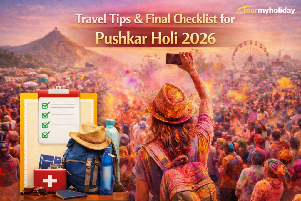 Travelers arriving in Pushkar with luggage and festive Holi background showing temples, lake, and colorful celebration vibes