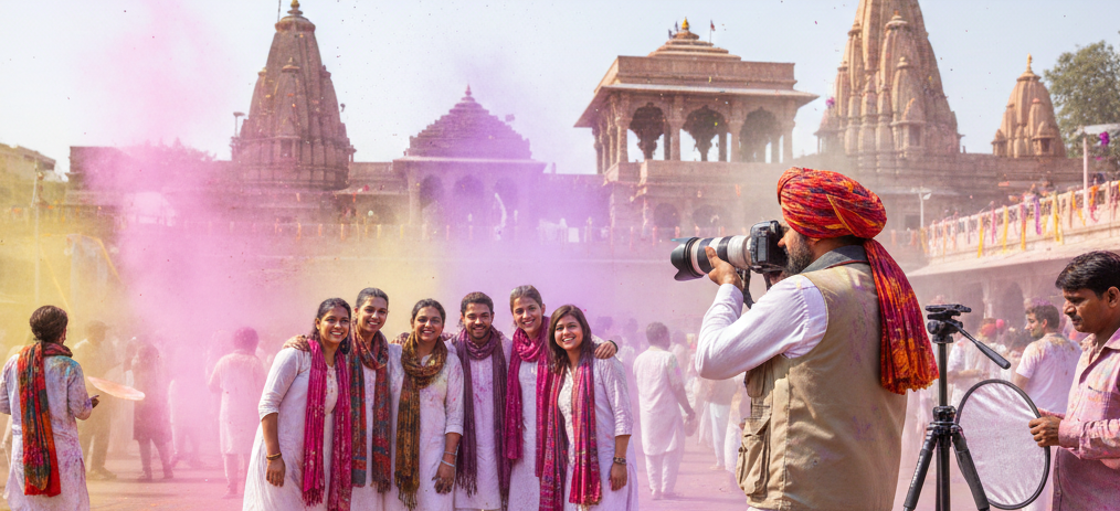 Professional photographer capturing travelers enjoying Holi celebrations in Pushkar with vibrant colors and temples in the background