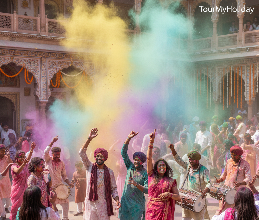 Lively Pushkar Holi party with people throwing colorful powders, dancing, and festive decorations, capturing the energy of the celebration