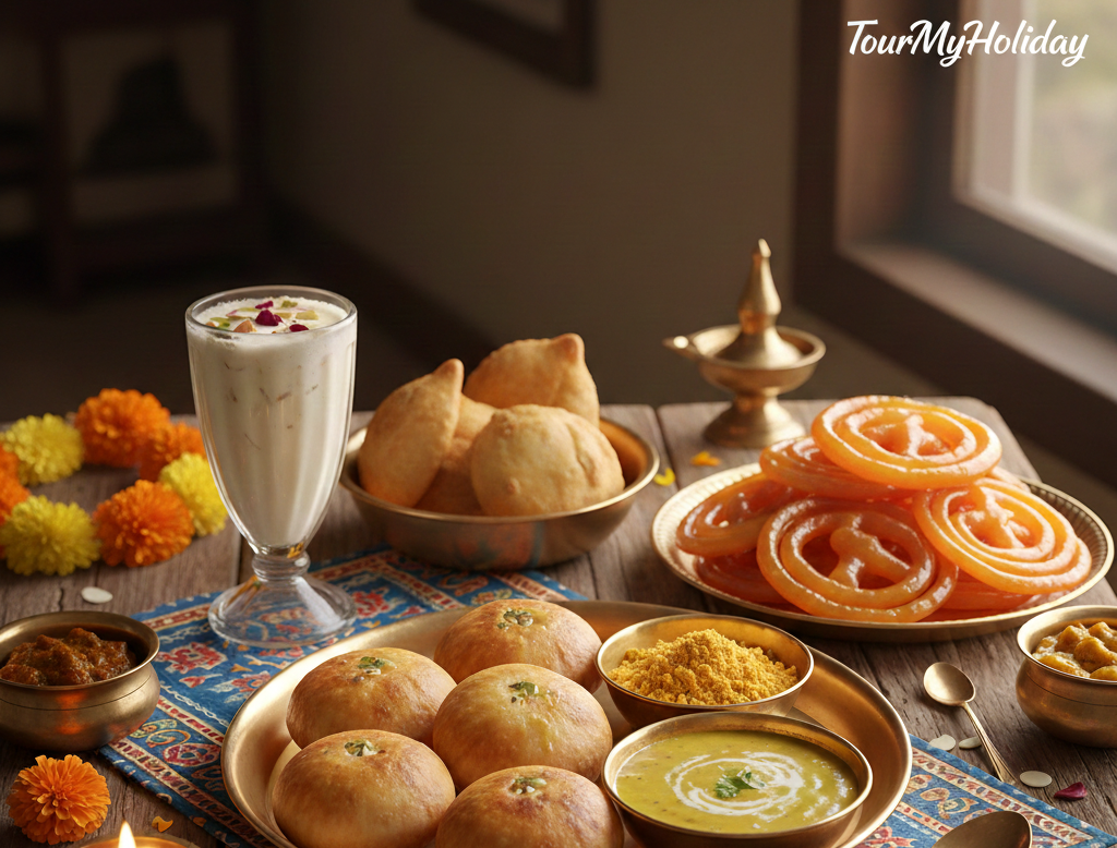 Traditional Rajasthani dishes including dal baati churma, kachoris, jalebis, and thandai on a colorful table,