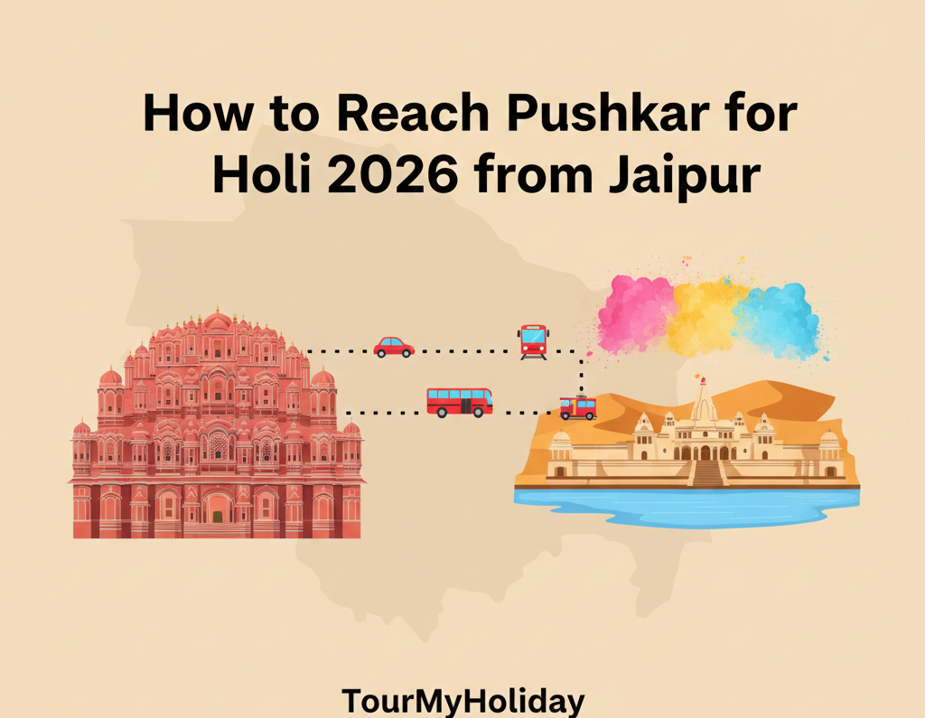 Jaipur to Pushkar road journey illustration featuring Hawa Mahal, highway route, and festive Holi colors near Pushkar.