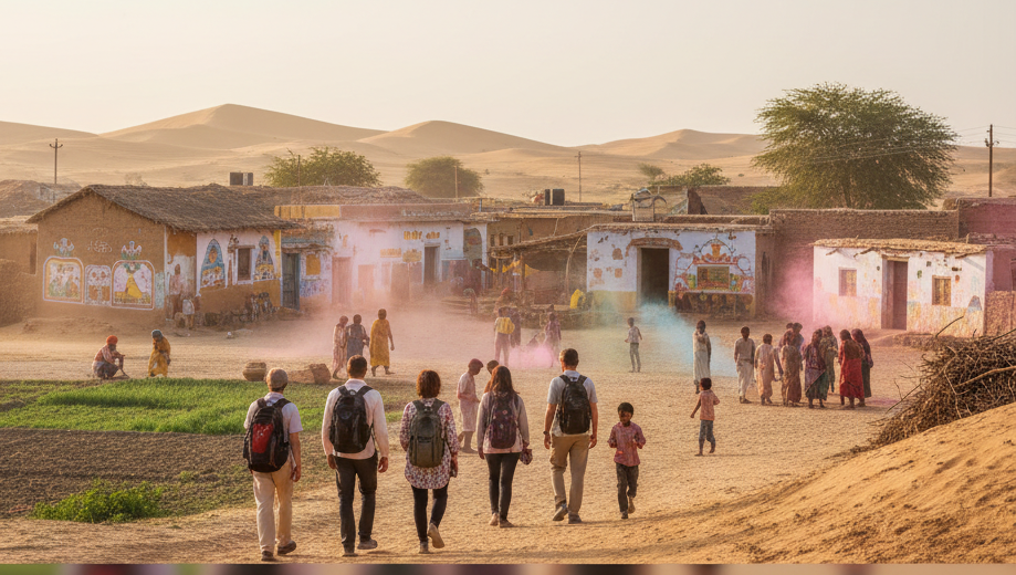 Travelers exploring rural villages near Pushkar with traditional houses, farmers, and subtle Holi colors,