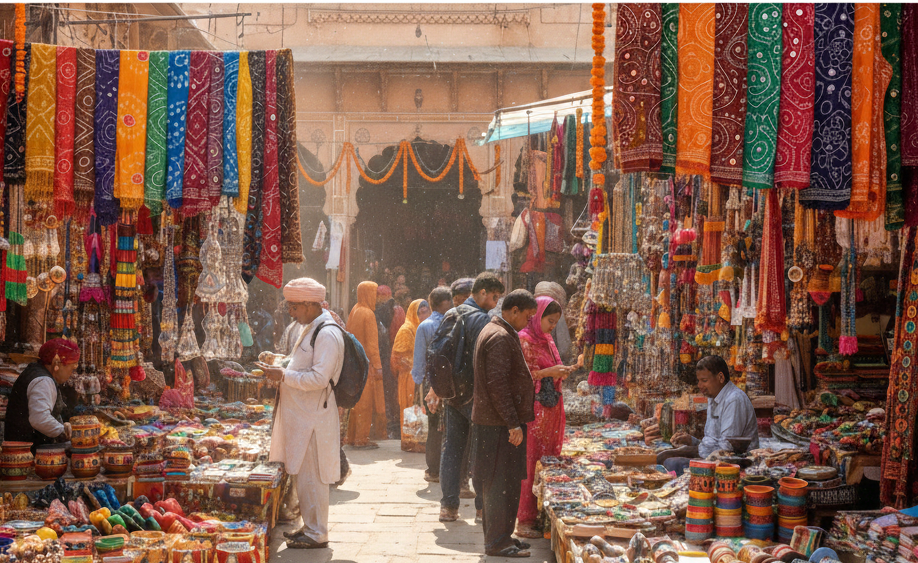 Vibrant Pushkar bazaar with colorful handicrafts, textiles, jewelry, and pottery on display