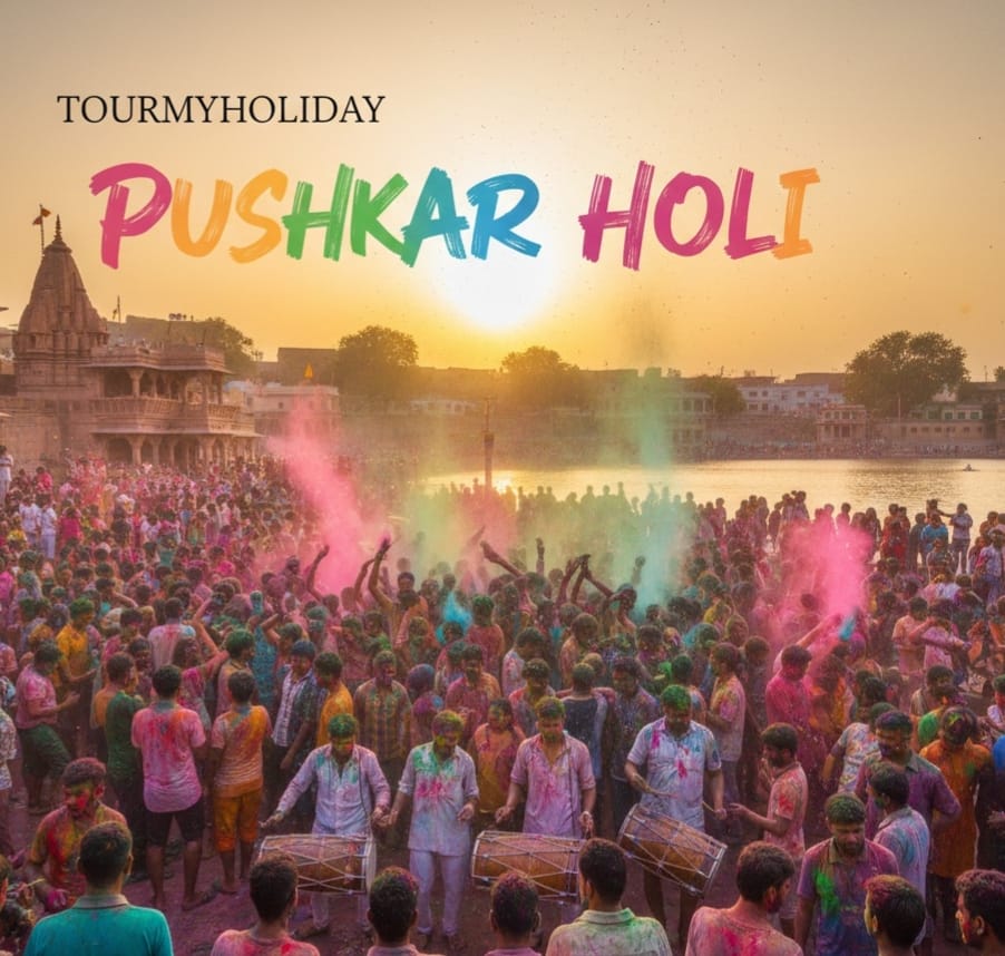 people celebration holi near pushkar lake