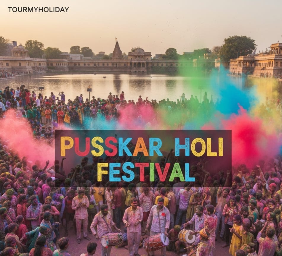 holi  is celebrating by friends anf family near pushkar lake