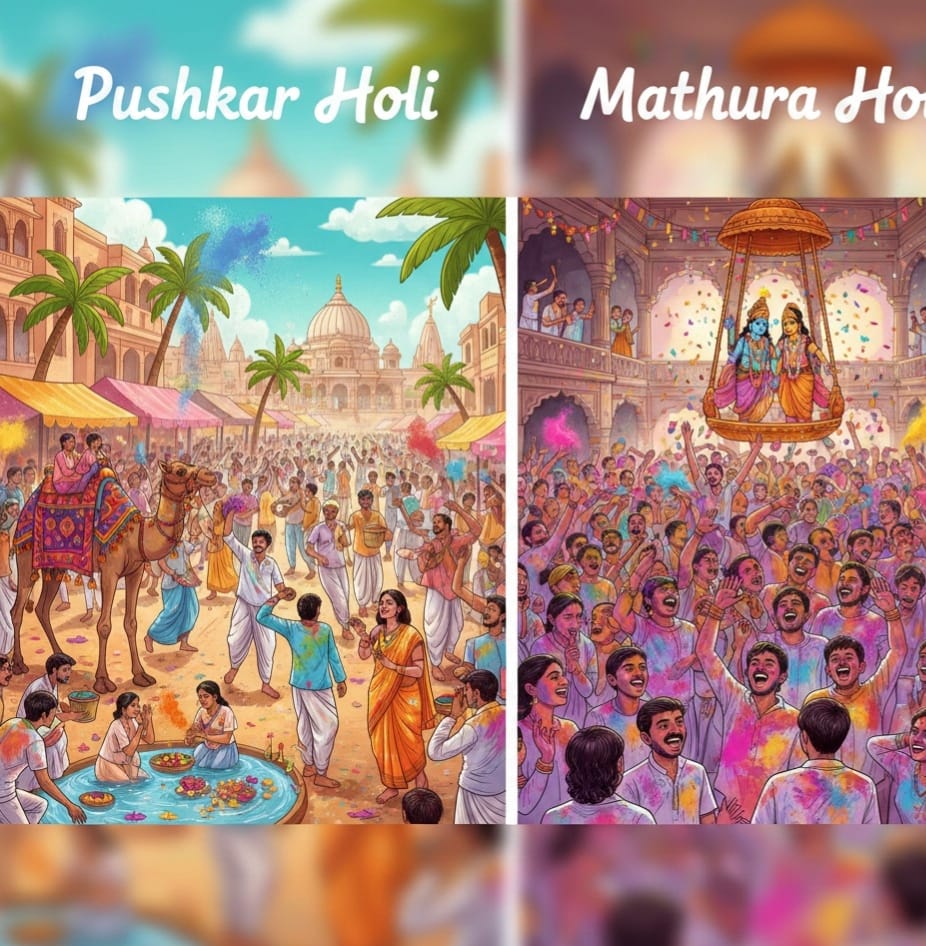 Comparison of Pushkar Holi and Mathura Holi celebrations showing colorful street festivities, camel fairs, lake rituals in Pushkar, and traditional temple processions with crowds in MathuraComparison of Pushkar Holi and Mathura Holi celebrations showing colorful street festivities, camel fairs, lake rituals in Pushkar, and traditional temple processions with crowds in Mathura