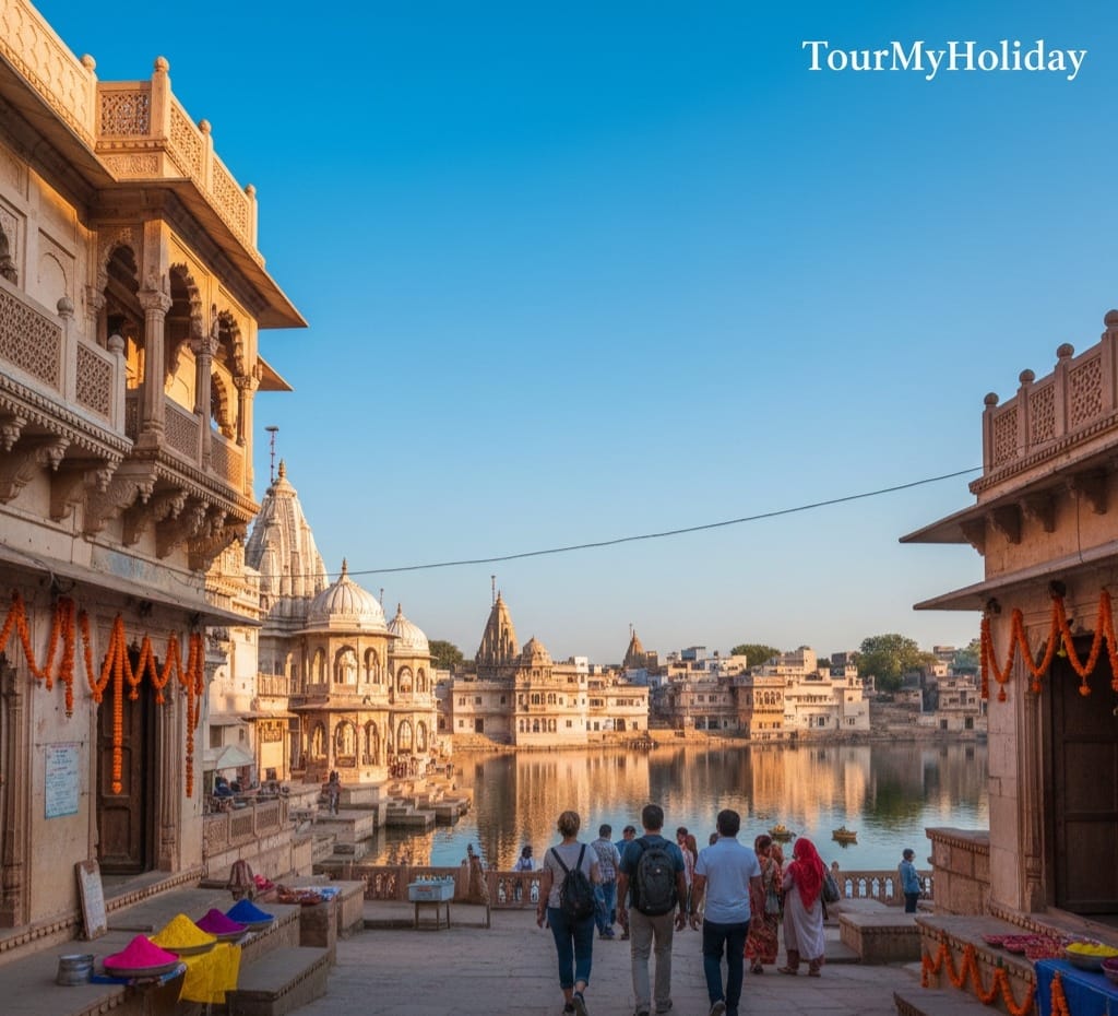 “Scenic view of Pushkar town with Pushkar Lake, temples, and colorful streets under clear skies, showing the ideal time to visit before Holi celebrations.”